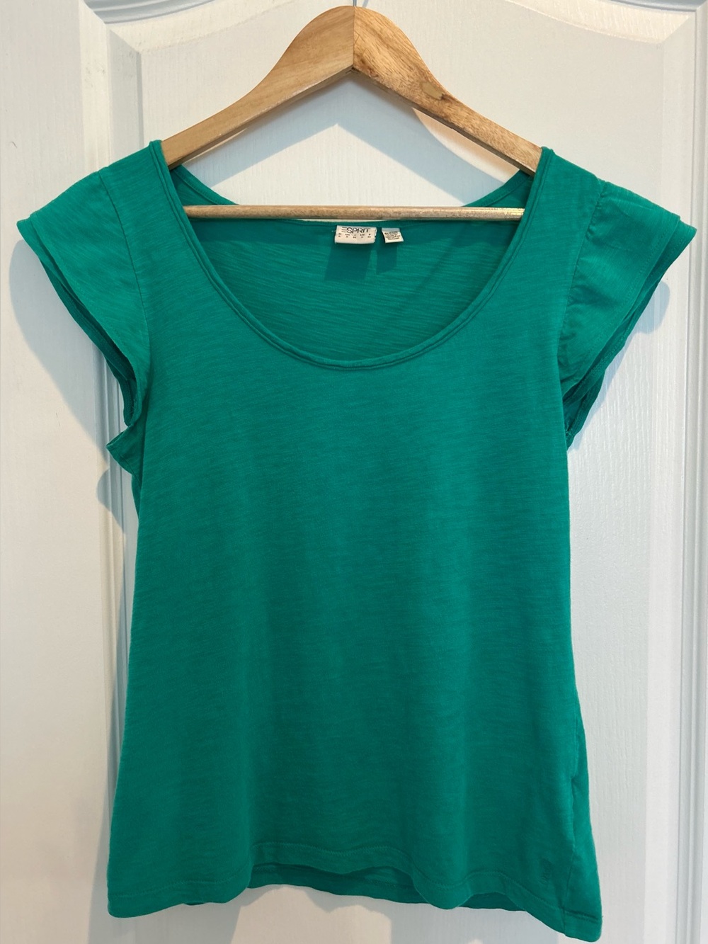 Esprit Green 100% Cotton Slub Knit Ruched Cap Sleeve Scoop Neck Tee Small